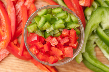 Clear Glass Dish of Diced Red and Green Bell Peppers