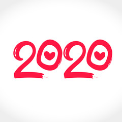 Flat red vector template 2020 with hearts. Happy New Year 2020 vector logo. Design template card, cover, calendar, brochure, poster, banner. 