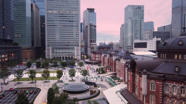 Aerial video of Marunouchi side of Tokyo railway station in the Chiyoda City, Tokyo, Japan.