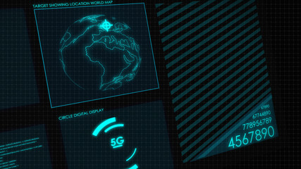 Digital HUD graphic of screen 2D. Futuristic user interface glow GUI digital text and number random element for cyber technology concept.Focus shallow depth of field dark and grain processed.Footage