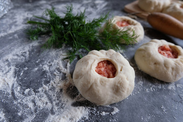 The process of making meat pies from dough with alternative gluten-free flour. Delicious homemade cakes. Slow baking, a useful home product.