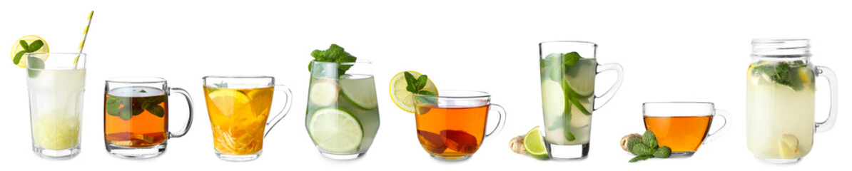 Collage with different ginger beverages on white background