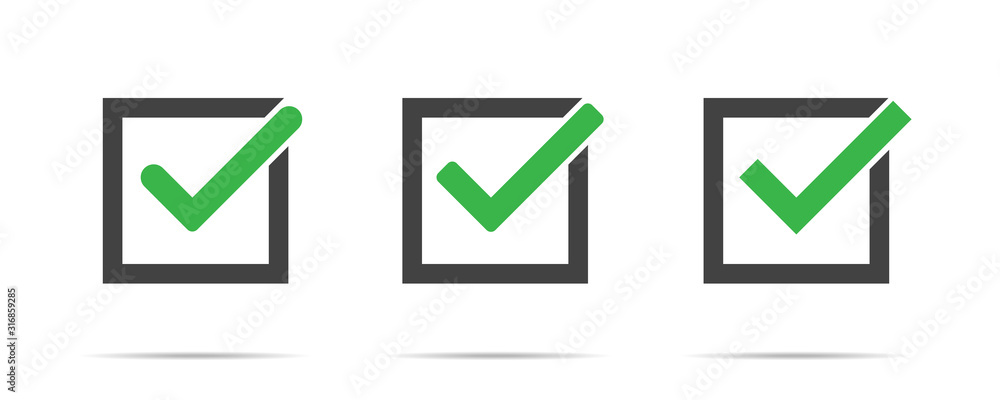 Aufkleber green check mark vector isolated set of icons in box on white background. green tick check mark box 