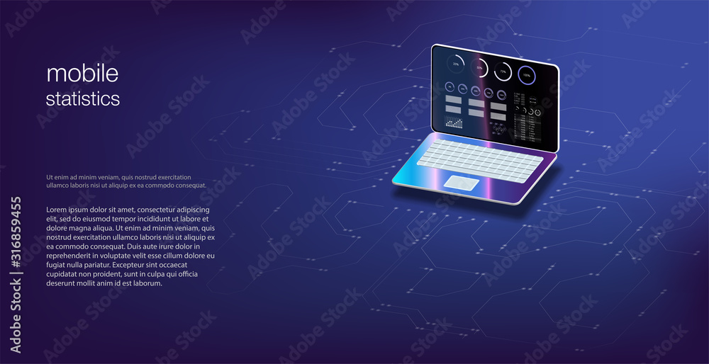 Poster analysis data and investment. analytics data on isometric laptop. online statistics and data analyti