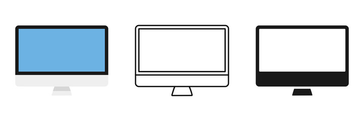 Personal computer. Vector isolated illustration and linear icon. Desktop computer. Computer monitor icons.