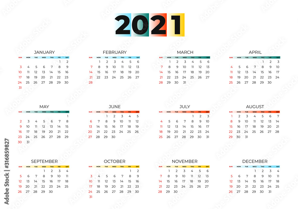 Fototapete 2021 new year calendar page color blue, green, orange, yellow gradient colorful diary desktop. week 