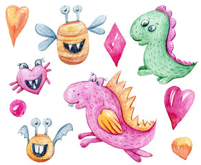 Watercolor hand painted lovely cartoon monsters clipart. Print on white background. Perfect for scrapbooking, wrapping paper,textile, fabric, stickers