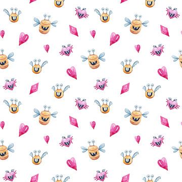 Watercolor seamless pattern with monsters, hearts. Print on white background. Perfect for scrapbooking, wrapping paper,textile, fabric