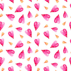 Watercolor seamless pattern with pink hearts on white background. Perfect for scrapbooking, fabric, textile print, wrapping paper., wedding decoration