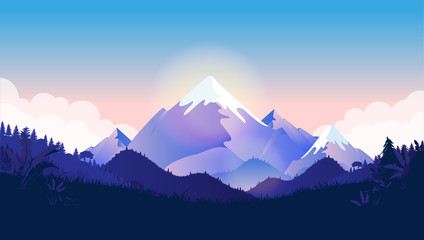 Mountain peak vector illustration. Sun shining behind the summit in beautiful nature scenery. Snow on hilltop, clouds in background, forest in front. Landscape, scene, environment background.