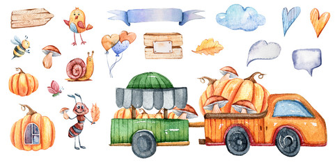 Watercolor cute cartoon characters. Autumn illustration on white  background. Blue trusk. pumpkins, road, ant, snail, mushrooms clipart. Can be used for kids pattern, poster, print, greeting card
