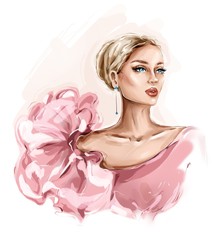 Hand drawn beautiful young woman in pink dress. Stylish girl. Fashion woman look. Sketch. Fashion illustration. - obrazy, fototapety, plakaty
