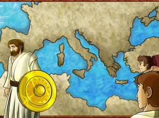 cartoon map scene with greek or roman character like trader merchant with mediterranean sea illustration for children