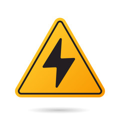 High voltage icon. Bolt warning triangular yellow sign. High voltage symbol isolated on white background. Vector illustration