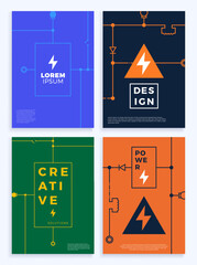 Electricity cover set. Abstract technology circuit board, voltage scheme Vector background illustration. Poster with abstract line shapes. Banners and cover Vector illustration.