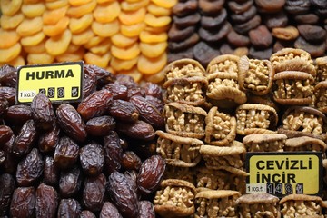 Heaps of Dried Dates ('Hurma'), Figs With Walnut ('Cevizli Incir') and Apricots in Spice Bazaar, Istanbul