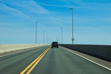 Driving over the longest bridge in Canada: The Confederation Bridge connecting New Brunswick and...