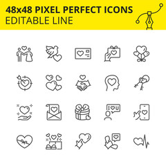 Scaled Icons - Valentine’s Day and Love. Includes Dove, Valentine's card, Ribbon, Heart etc. Pixel Perfect 48x48, Editable Set. Vector.