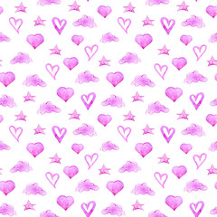 Watercolor hand painted pink hearts seamless pattern. Perfect for pattern, print, scrapbooking paper, greeting card design, wedding invitation. Illustration on white background