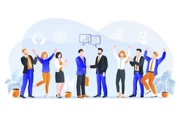 Partnership, team cooperation business concept. Vector illustration. CEO and project manager make deal and shake hands.