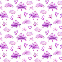 Watercolor hand painted cute seamless pattern. Perfect for fabric, scrapbooking, wrapping paper. Blue collection:airplane, sky rocket, clouds, retro cars,heart