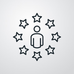 Símbolo evaluación. Icono plano lineal hombre de negocios rodeado de estrellas en fondo gris