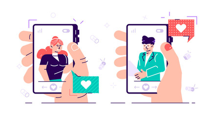 Male and female hands holding smartphones