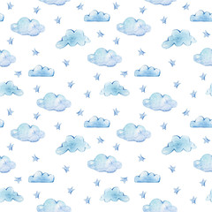 Watercolor hand painted seamless pattern. Blue clouds, stars. Perfect for scrapbooking, wrapping paper, babys wallpaper, fabric