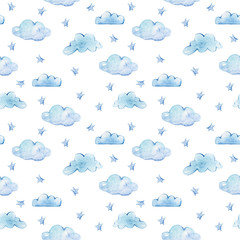 Watercolor hand painted seamless pattern. Blue clouds, stars. Perfect for scrapbooking, wrapping paper, babys wallpaper, fabric