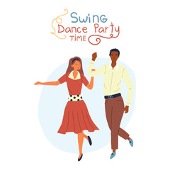 Swing Dance Party Time Concept. Young Pretty Couple is Dancing Swing, Rock and Roll or Lindy Hop on Abstract Background. Flat Style. Vector Illustration