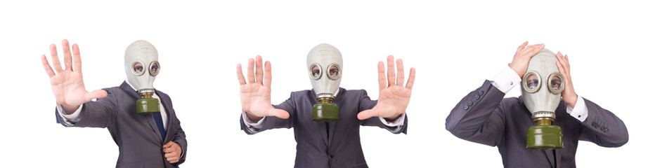 Businessman wearing gas mask isolated on white