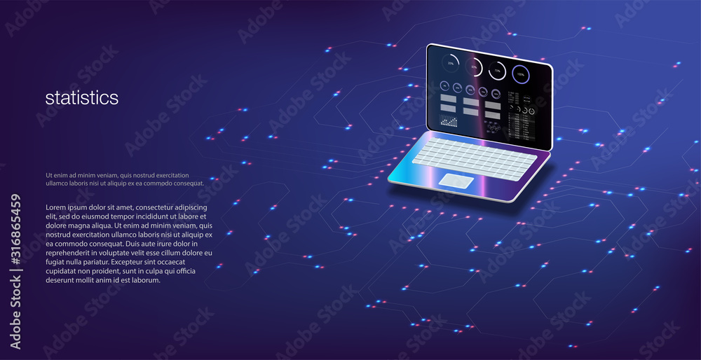 Poster analysis data and investment. analytics data on isometric laptop. online statistics and data analyti