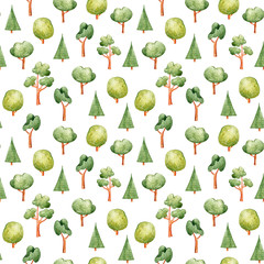 Watercolor seamless pattern with green trees on white background. Perfect fo scrapbooking, wrapping paper, fabric, textile pattern, wallpaper
