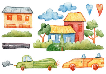 Watercolor hand painted cartoon clipart: cars, house, trees, clouds. Garden tree creator. Lovely cute illustration on white background.