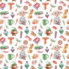 Watercolor hand painted magical wands, seamless pattern. Halloween clipart-poison bottles, mushroom, candles, books, key, star, foot steps, paper. Illustration on white background.