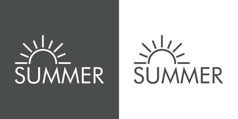 Concepto de vacaciones y viajes. Logotipo lineal sol con texto SUMMER en fondo gris y fondo blanco - obrazy, fototapety, plakaty