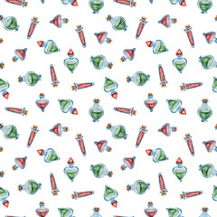 Watercolor hand painted magical wands, seamless pattern. Halloween clipart-poison bottles. Illustration on white background.