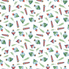 Watercolor hand painted magical wands, seamless pattern. Halloween clipart-poison bottles. Illustration on white background.