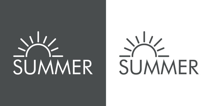 Concepto de vacaciones y viajes. Logotipo lineal sol con texto SUMMER en fondo gris y fondo blanco