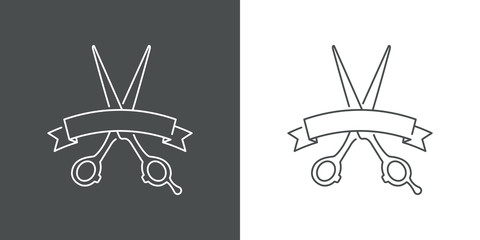 Corte de pelo. Icono plano lineal tijeras con cinta en fondo gris y fondo blanco © teracreonte