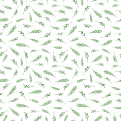 Watercolor hand painted floral seamless pattern. Green wreath, feathers on white background. Perfect for scrapbooking paper, textile design, fabric, wallpaper, wrapping paper, wedding decoration