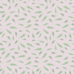 Watercolor hand painted floral seamless pattern. Green wreath, feathers on grey background. Perfect for scrapbooking paper, textile design, fabric, wallpaper, wrapping paper, wedding decoration