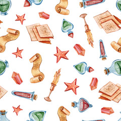 Watercolor hand painted magical wands, seamless pattern. Halloween clipart-poison bottles, candles, books, star, paper. Illustration on white background.