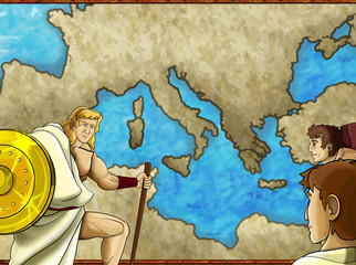 cartoon map scene with greek or roman character or trader merchant with mediterranean sea illustration for children