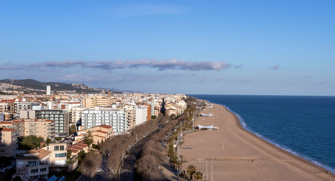 Aerial panoramic view of Calella city in el Maresme, Catalonia, Spain.