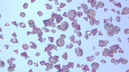 Diamond rain, falling diamonds with ideal cut on blue background, 3D rendering