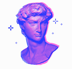 Vector pixel art ilustration with Michelangelo's David bust. Vaporwave and retrowave style, postmodern aesthetics with Renaissance antique Greek sculpture.