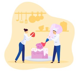 Bakery chef people decorating cake with cream and strawberry, vector illustration. Tiny man and woman cooking huge dessert for cafe, slice of sweet cake. Bakery kitchen process, restaurant cook in
