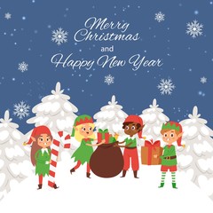 Santa s elves at the winter landscape carrying santa claus presents for the children vector illustration. Merry Christmas card with multinational children in elfs costumes with gifts bag.