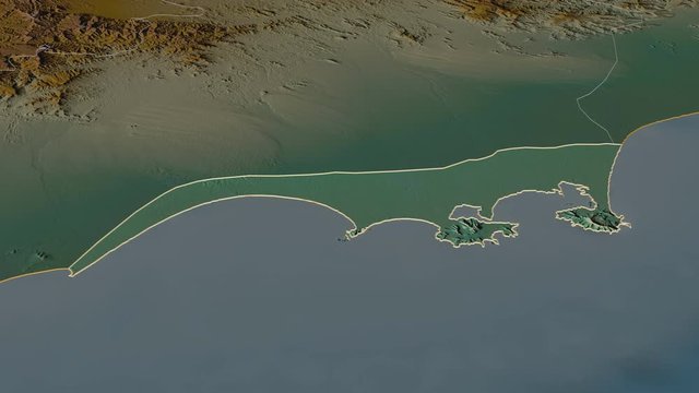 Adan, governorate with its capital, zoomed and extruded on the relief map of Yemen in the conformal Stereographic projection. Animation 3D